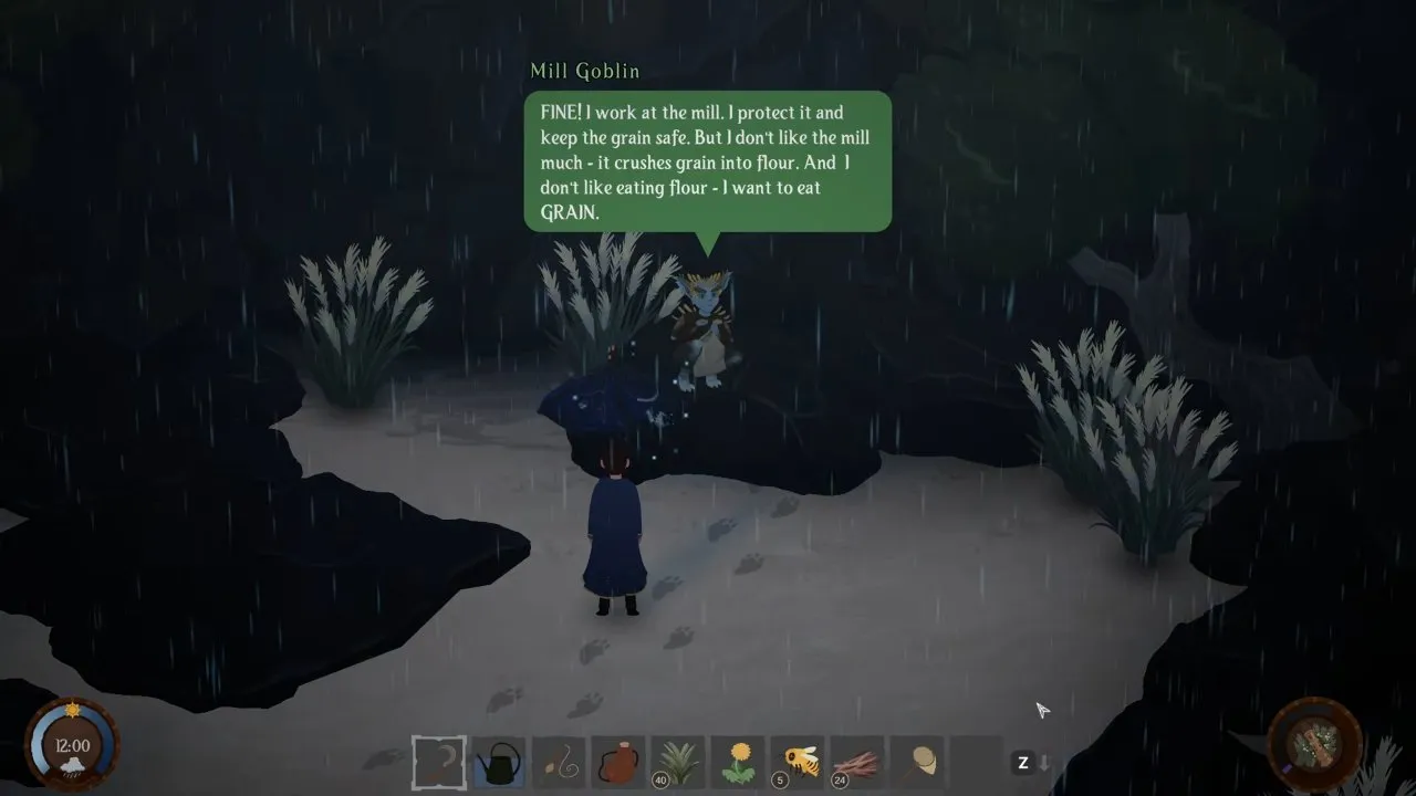 The Mill Goblin admits: 'I work at the mill. I protect it and keep the grain safe.' Songs of Glimmerwick Mill Goblin admitting he works at the mill