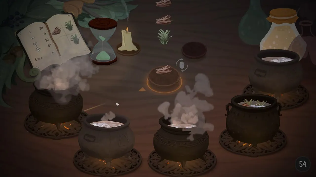 The practice round: fill each cauldron with the recipe's ingredients before the hourglass runs out; the score is bottom right. Songs of Glimmerwick potion brewing practice with cauldrons, hourglass and score