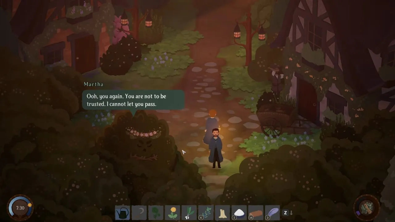 Martha: 'You are not to be trusted. I cannot let you pass.' Until you bring the potion. Songs of Glimmerwick Martha the hedge refusing to let the player pass