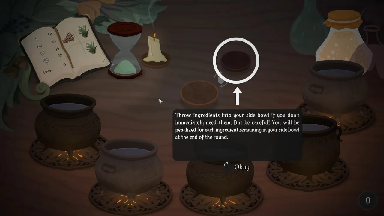 The side bowl: handy for spare ingredients, but each one left at the end of the round is a penalty. Songs of Glimmerwick side bowl tutorial in the brewing practice