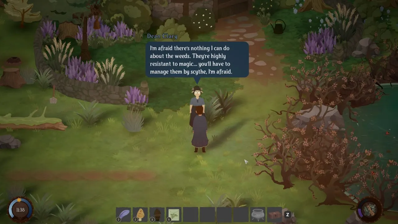 Dean Clary: the weeds are highly resistant to magic, so you'll have to manage them by scythe. Songs of Glimmerwick Dean Clary saying weeds must be managed by scythe